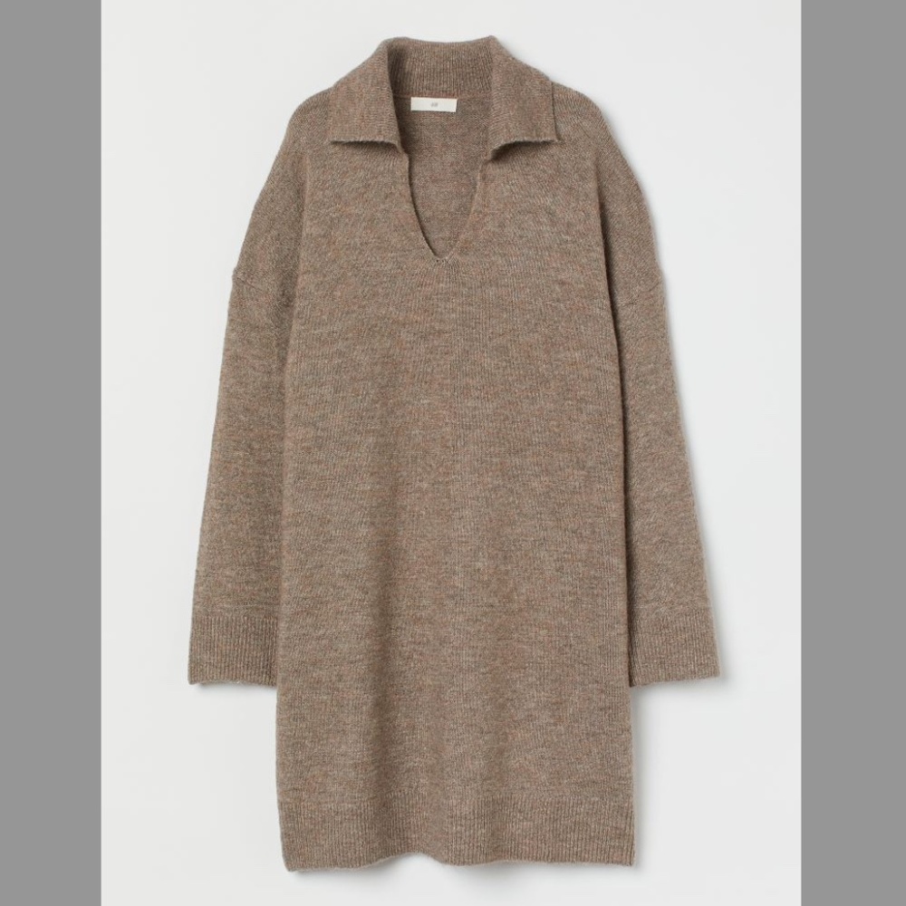 H&M brown beige collared wool blend knit sweater dress NWT